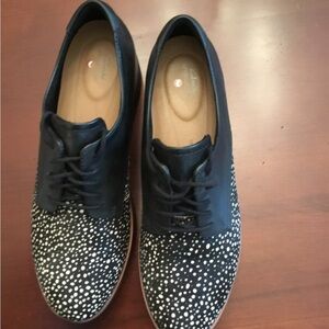 Clarks leather saddle Oxford with faux pony skin toe.